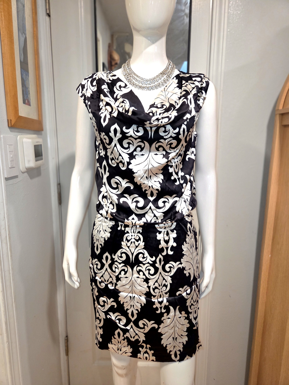 White House Black Market Black & White Damask Cowl Neck Midi Dress Sz S 95% silk